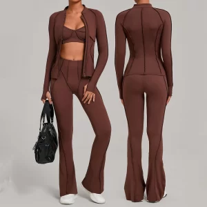 3PCS Yoga Suit Sports Set Gym Set Women Tracksuit Solid Zip Up Mock Neck Sport Jacket HighWaist Leggings Quick Drying Sportswear