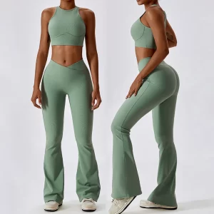 Seamless Ribbed Yoga Set Women Tracksuits 2 Pieces Gym Suits Ribbed Yoga Vest High Waist Flared Pant Outfits Fitness Running